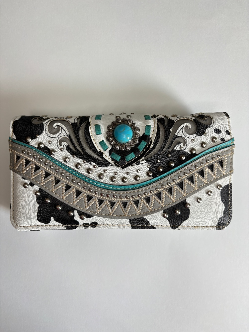 Source Unknown White and Black Cowhide-Print Wallet with Turquoise Accent